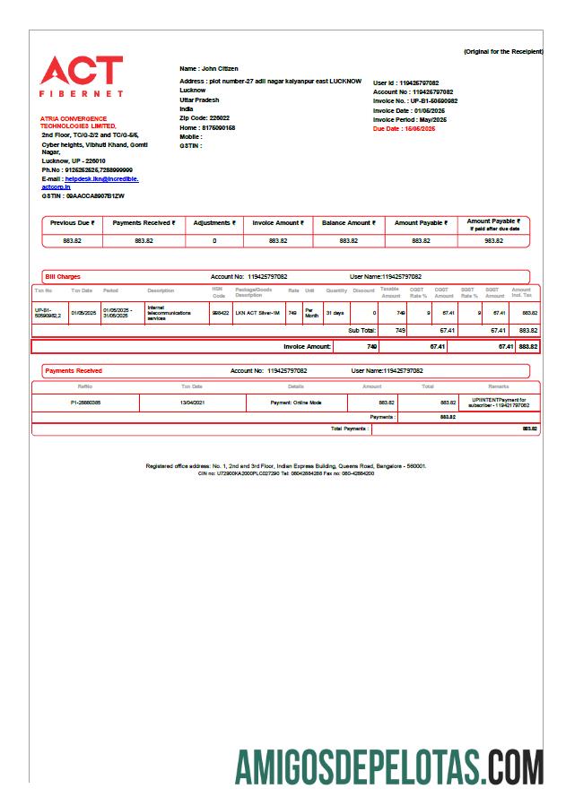 realista Modelo de conta de serviços públicos ACT Fibernet da Índia em formatos Word e PDF